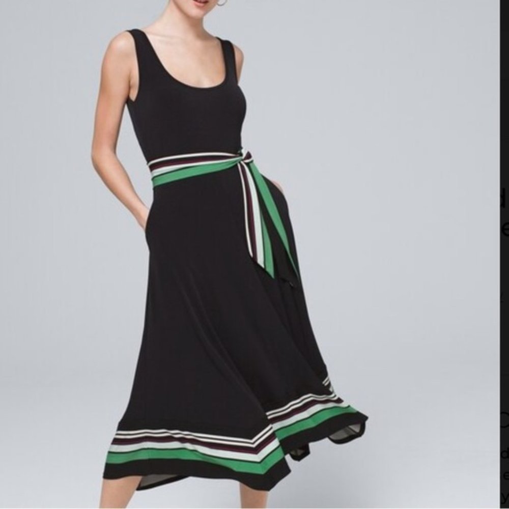White House Black Market Black Green Border Dress Small NWT